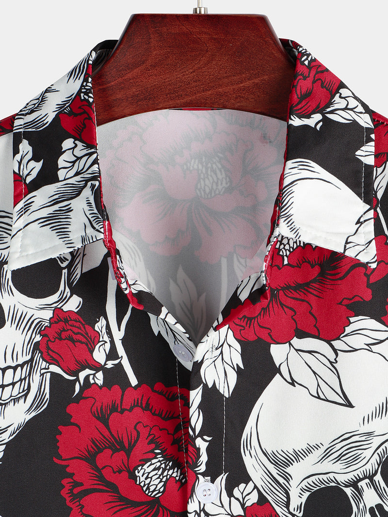 Chemise à manches courtes à imprimé tête de mort Punk Rock Rose pour hommes