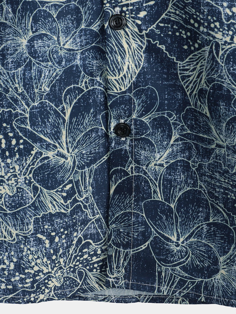 Chemise Bleu Marine À Manches Courtes De Vacances À Imprimé Floral Rétro Pour Hommes