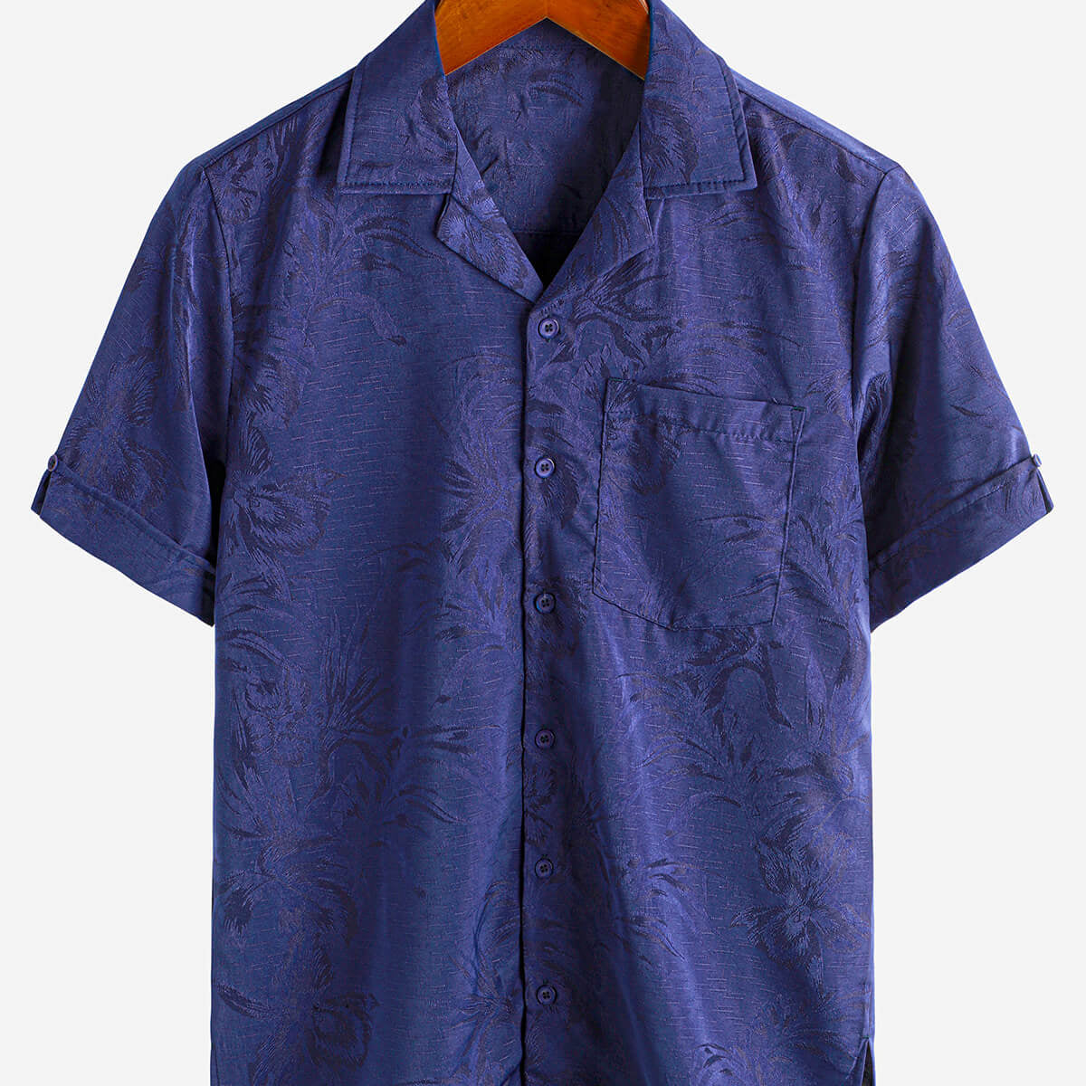 Homme Hawaiian Floral Pocket Jacquard Button Up Short Sleeve Summer Cuban Collar Camp Shirt