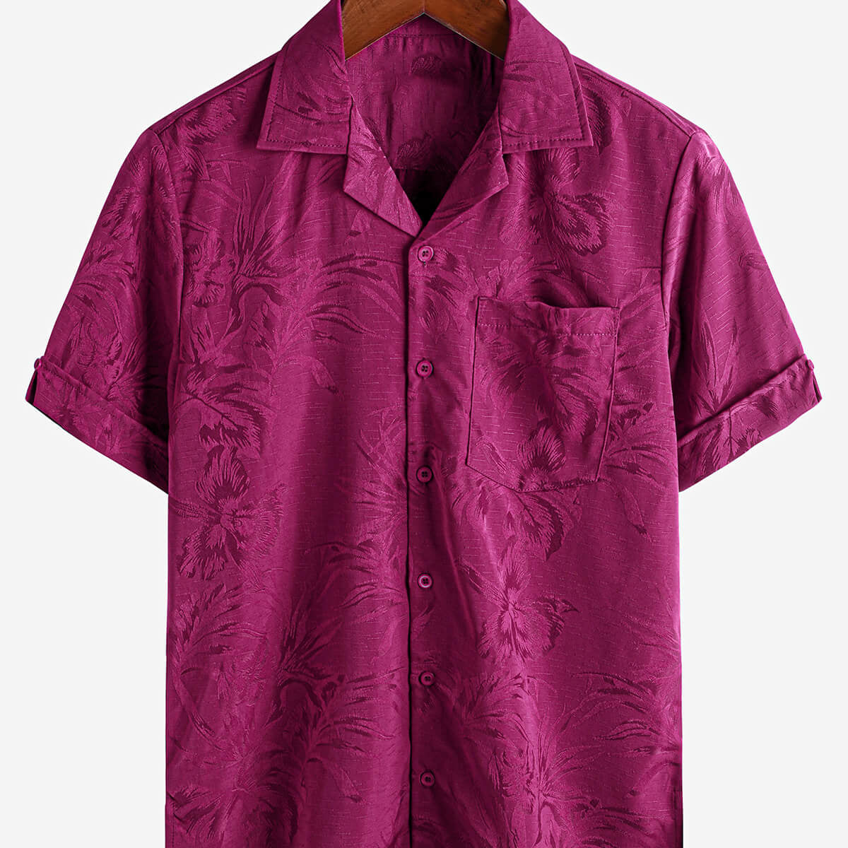 Homme Hawaiian Floral Pocket Jacquard Button Up Short Sleeve Summer Cuban Collar Camp Shirt