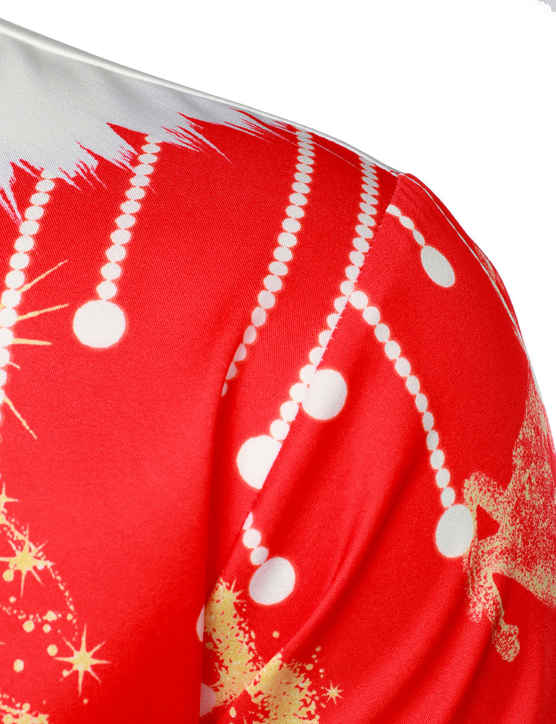 Costume d'impression de Noël pour homme rouge tenue drôle bouton fantaisie chemise à manches longues
