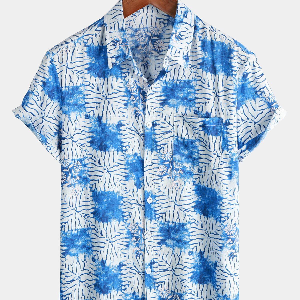 Chemise à manches courtes en coton respirant à imprimé floral bleu pour homme