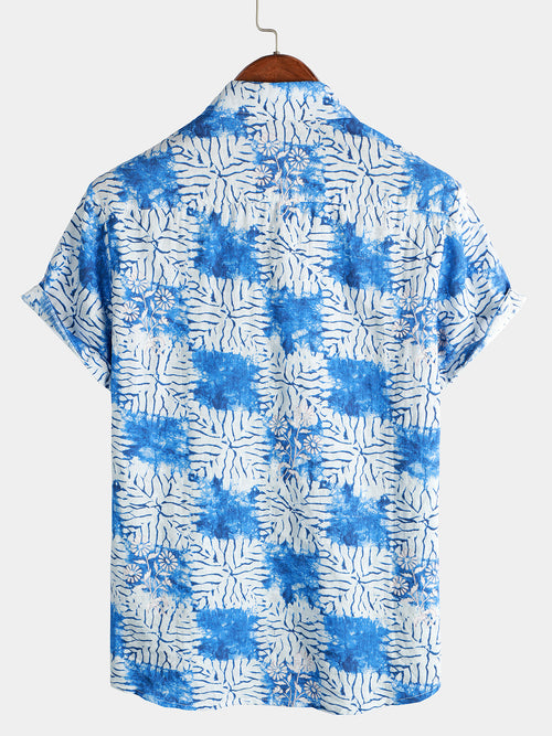 Chemise à manches courtes en coton respirant à imprimé floral bleu pour homme