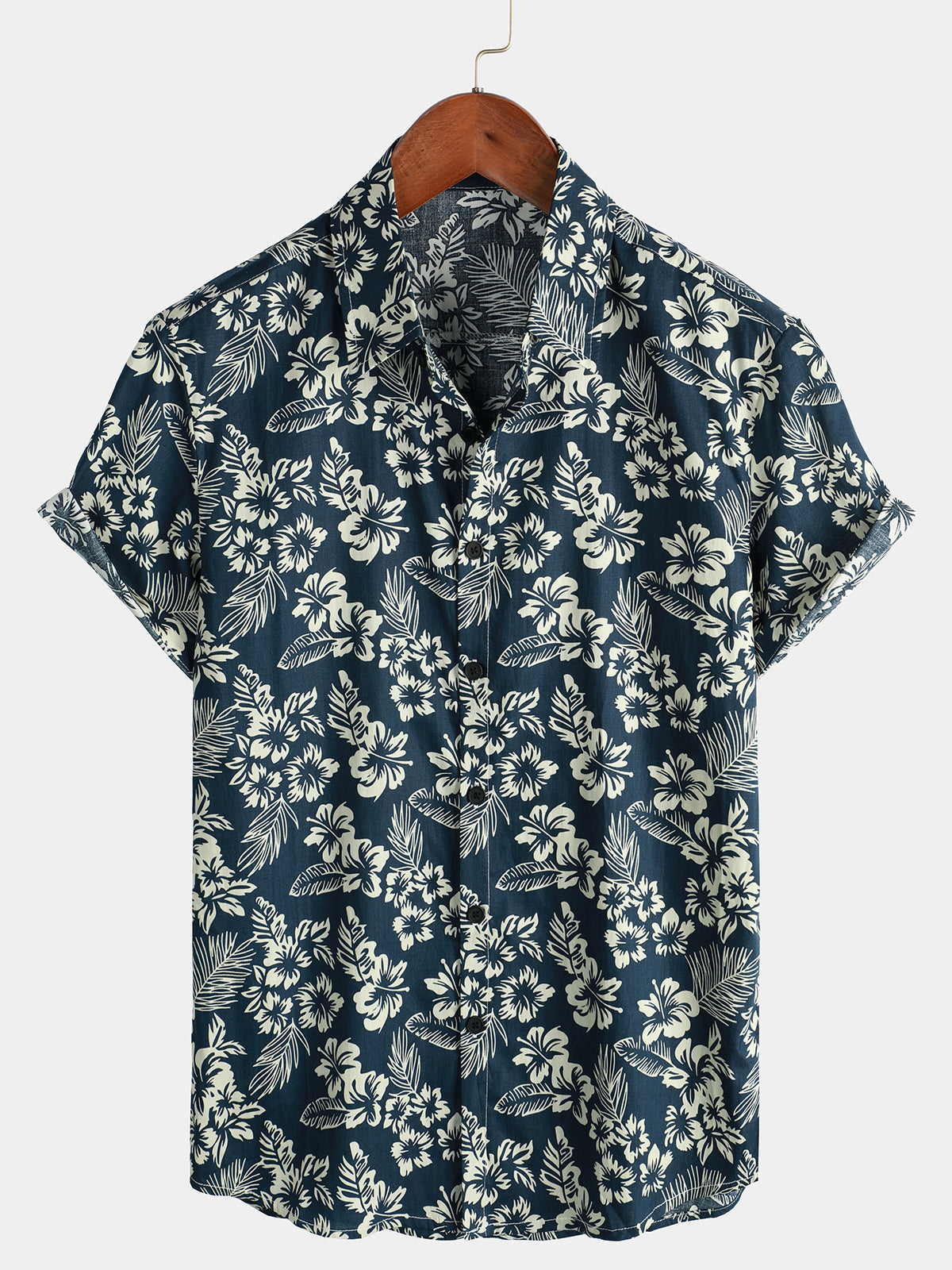 Chemise de plage boutonnée à manches courtes en coton avec feuilles de plantes tropicales bleues pour hommes Aloha Resort