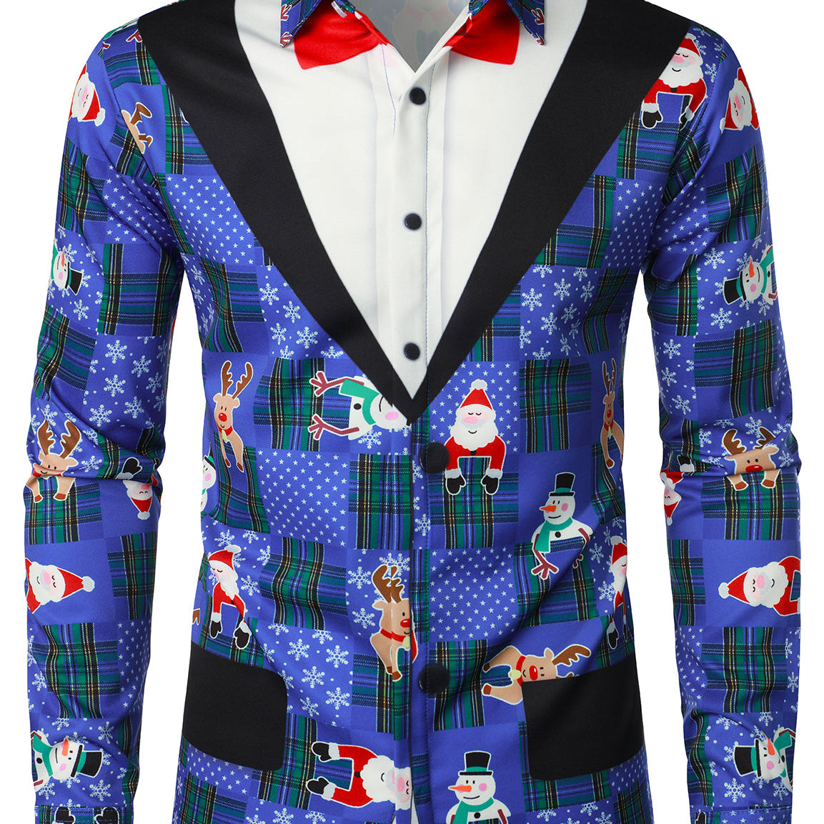 Chemise à manches longues à carreaux bleu de Noël Père Noël et renne au nez rouge pour hommes