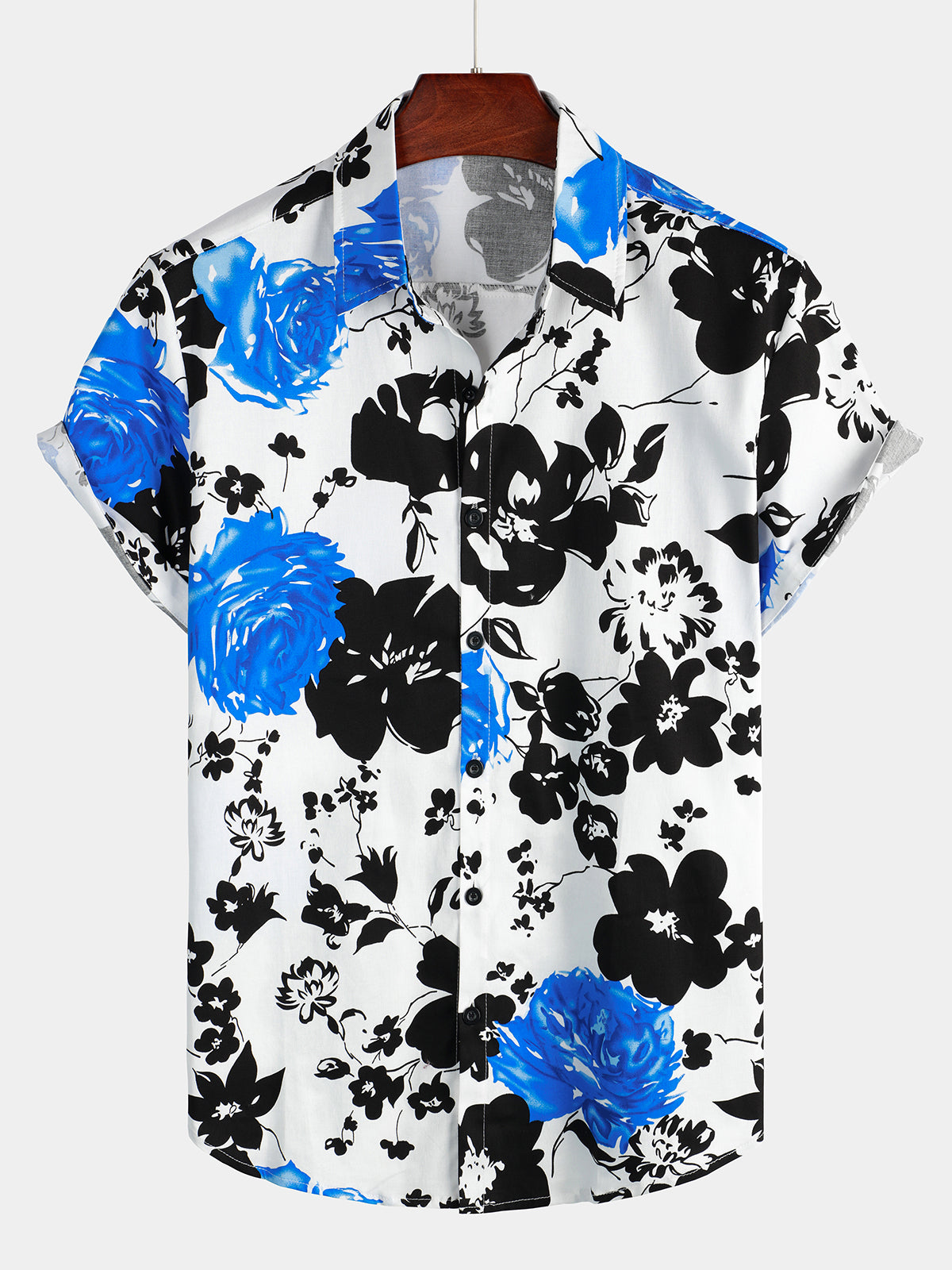 Chemise à manches courtes en coton à fleurs bleues décontractée à imprimé floral pour hommes