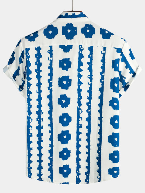 Chemise à manches courtes boutonnée vintage à rayures verticales pour homme bleue