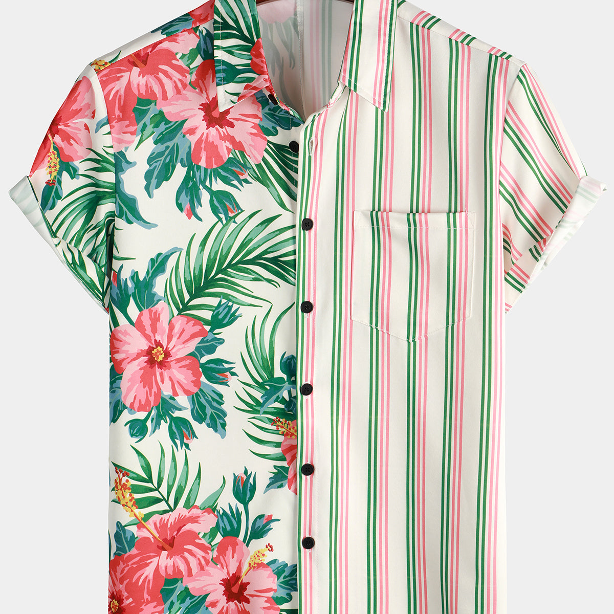 Chemise hawaïenne boutonnée à manches courtes à rayures rouges et vertes pour hommes