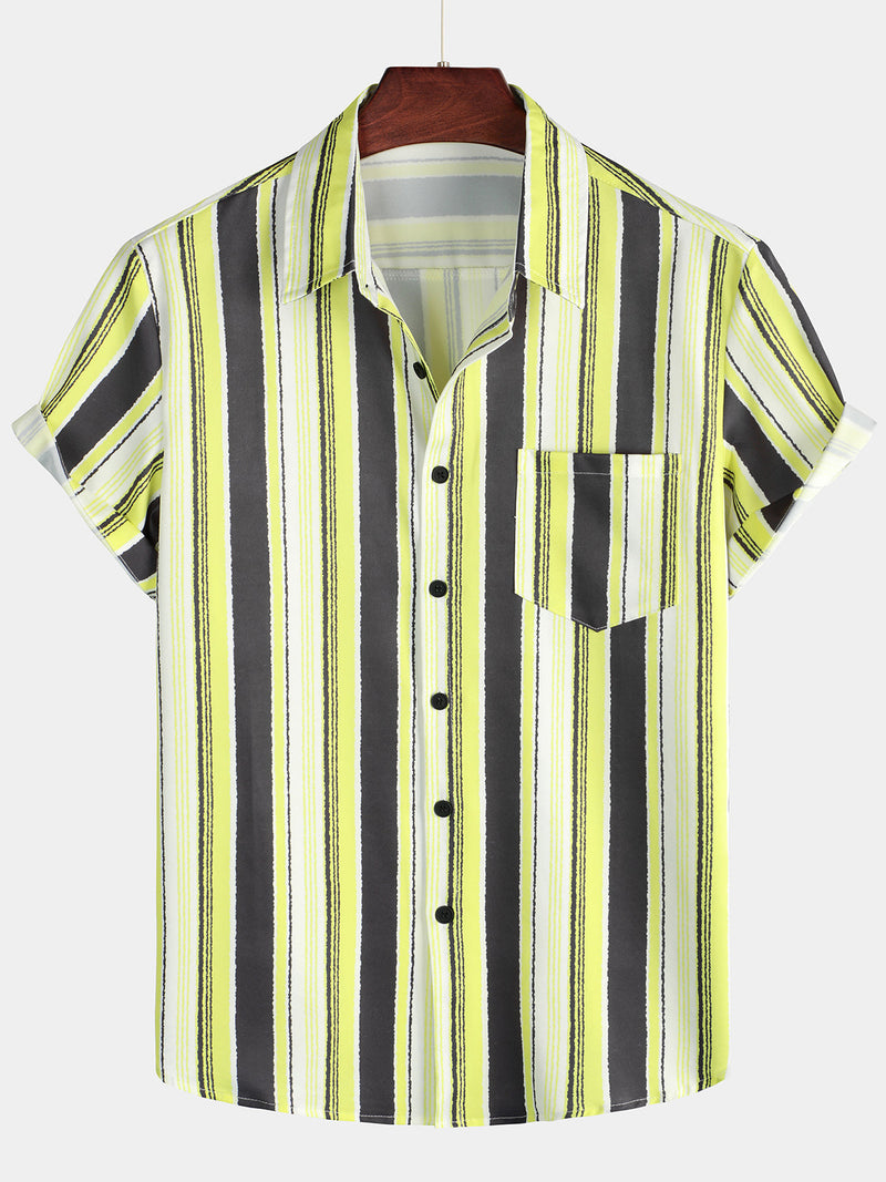 Chemise à manches courtes à manches courtes pour homme à rayures verticales vintage noir et jaune