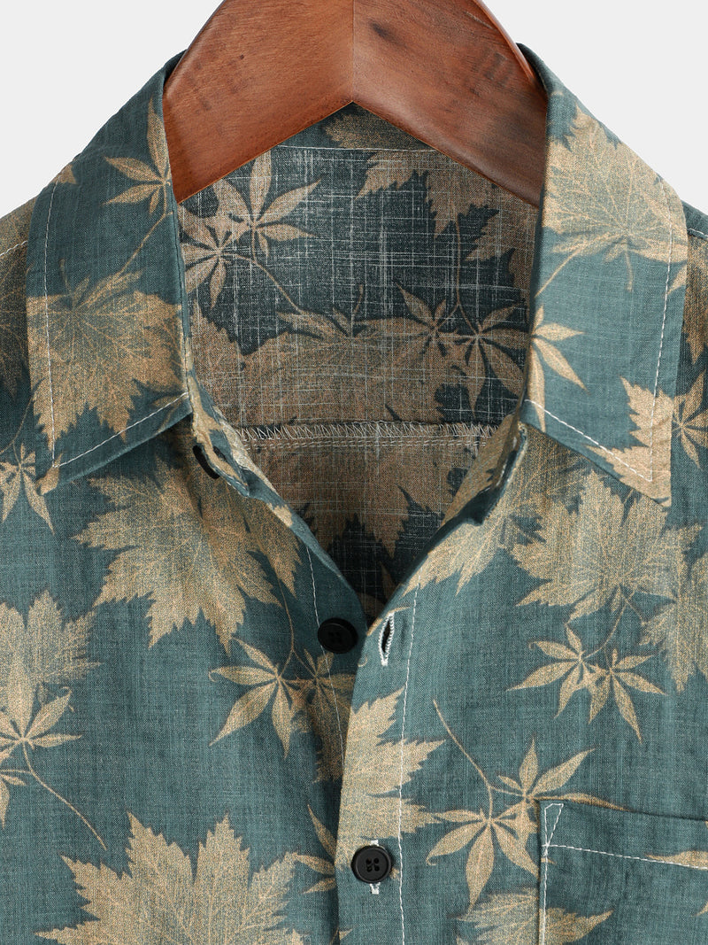 Chemise d'été à manches courtes avec poche en coton et feuille d'érable pour hommes