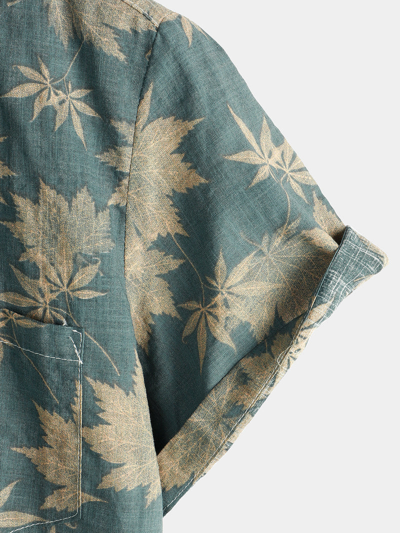Chemise d'été à manches courtes avec poche en coton et feuille d'érable pour hommes
