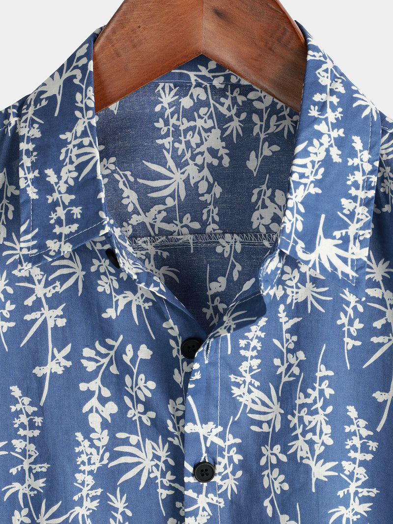 Chemise à manches courtes en coton bleu à imprimé feuilles tropicales pour hommes