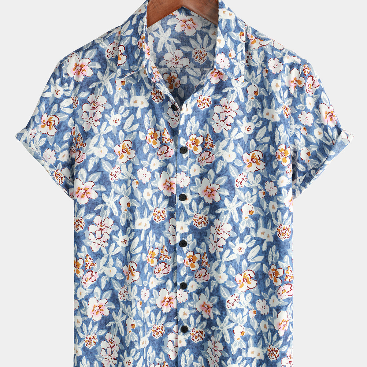 Chemise à manches courtes en coton respirant bleu vintage à imprimé floral pour hommes