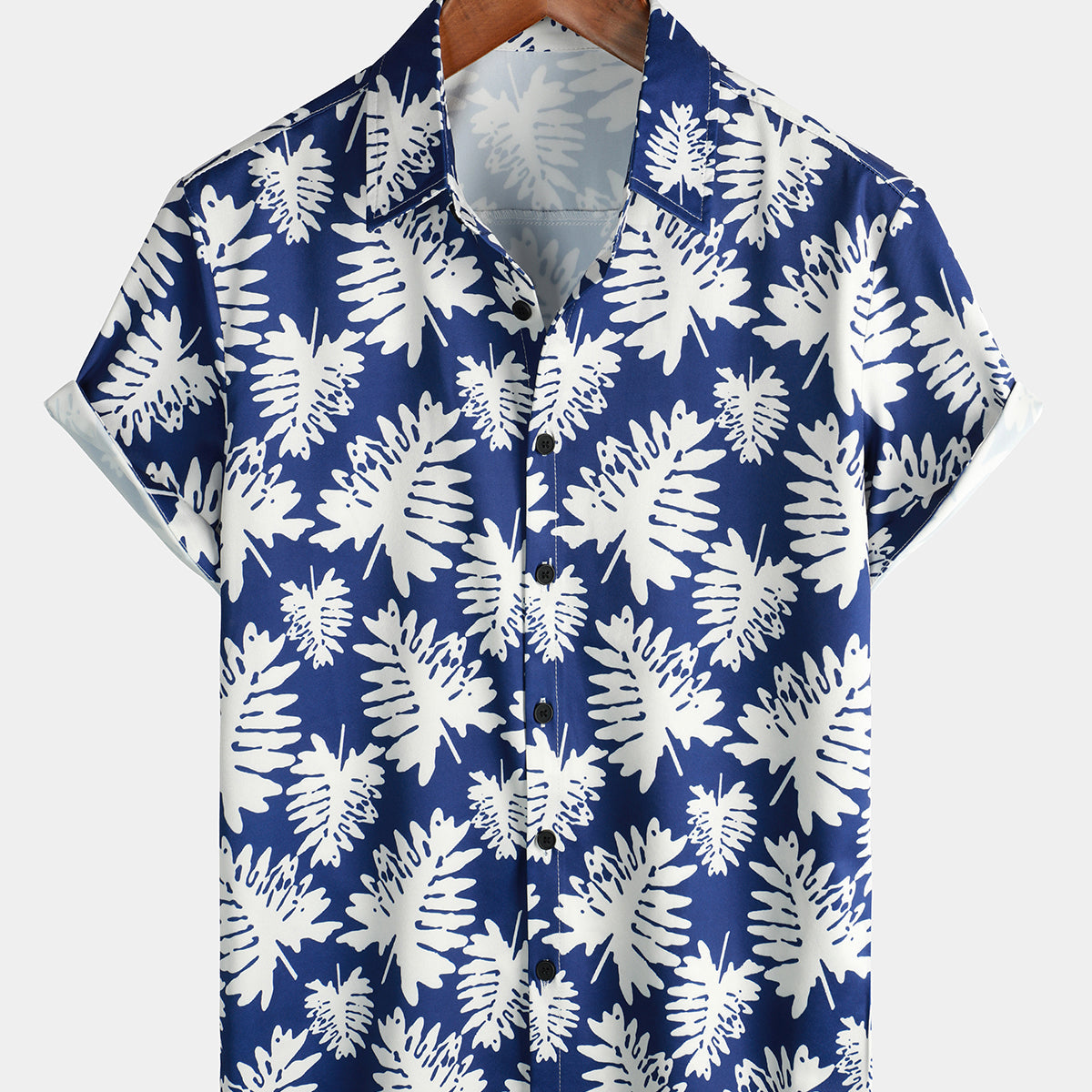 Chemise à manches courtes boutonnée bleue pour homme avec imprimé feuille de palmier tropical d'été