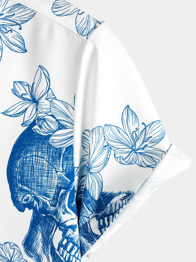 Homme Skull Rock and Roll Cool Tropical Vacation Short Sleeve Beach Crazy White Hawaiian Shirt