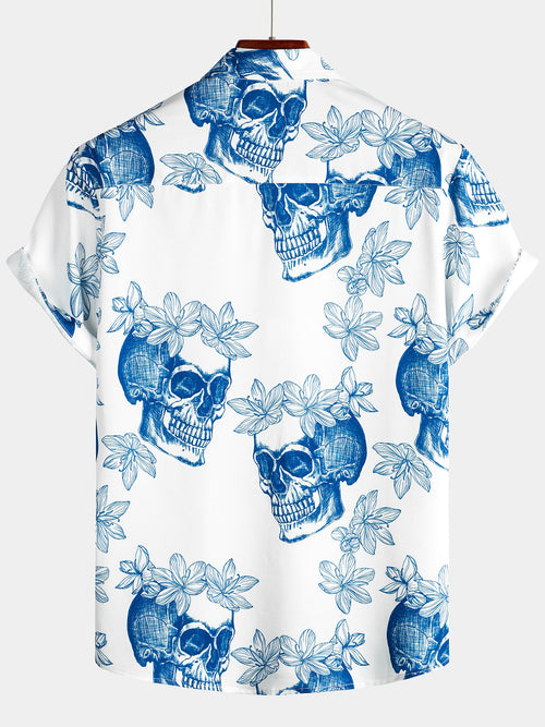 Homme Skull Rock and Roll Cool Tropical Vacation Short Sleeve Beach Crazy White Hawaiian Shirt
