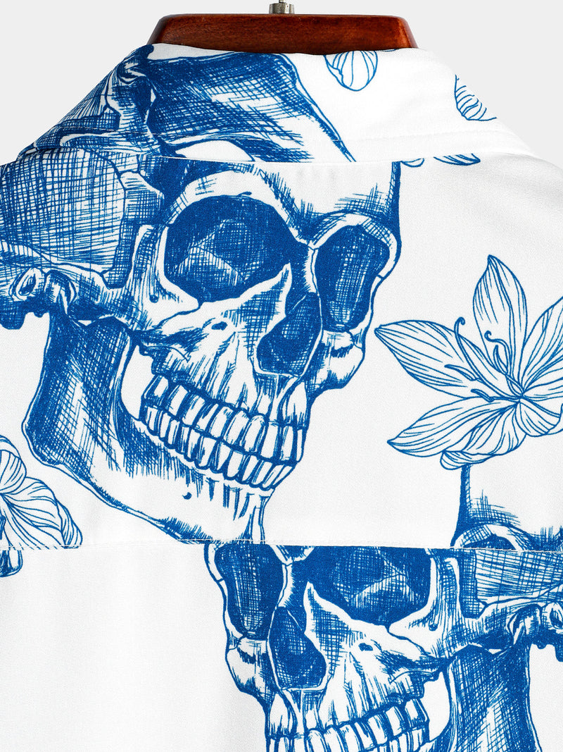 Homme Skull Rock and Roll Cool Tropical Vacation Short Sleeve Beach Crazy White Hawaiian Shirt