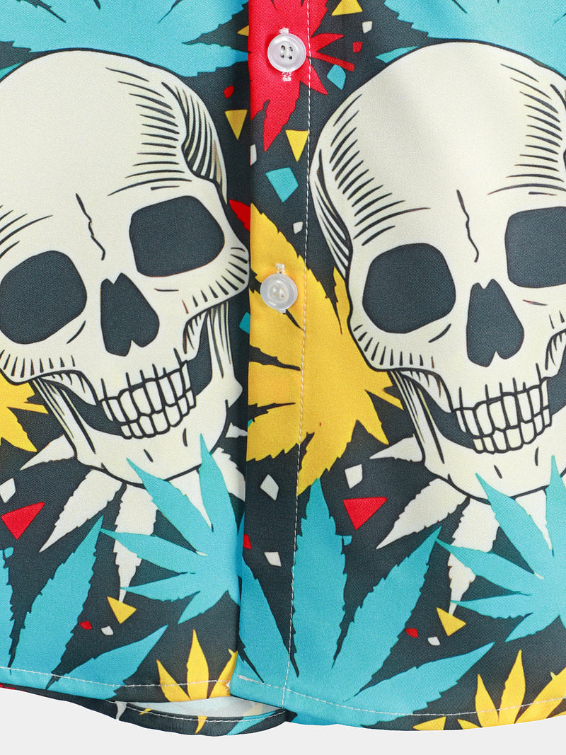 Chemise à manches courtes à manches courtes pour hommes Skull Maple Leafs Button Up Funny Hawaiian Party Rockabilly Summer Holiday