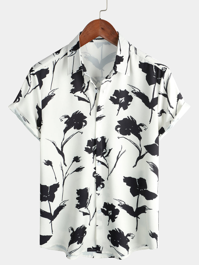 Chemise décontractée boutonnée à fleurs pour hommes, noire et blanche, à manches courtes