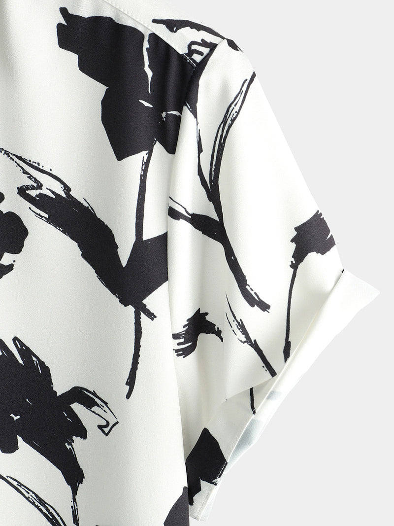Chemise décontractée boutonnée à fleurs pour hommes, noire et blanche, à manches courtes