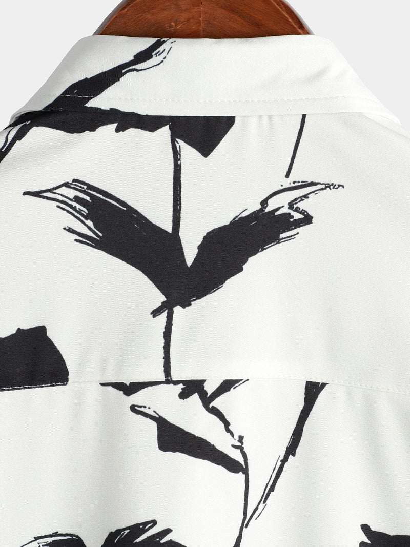 Chemise décontractée boutonnée à fleurs pour hommes, noire et blanche, à manches courtes