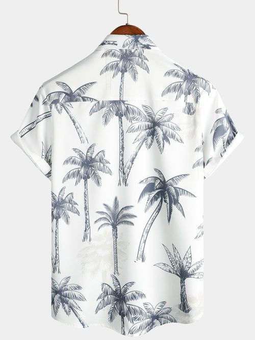 Chemise hawaïenne blanche à manches courtes pour homme en imprimé tropical respirant Aloha Vacation Beach cocotier