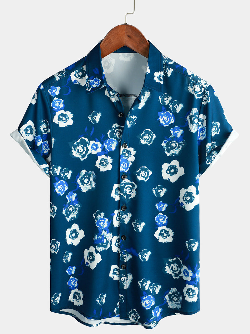 Chemise à manches courtes bleu marine boutonnée à fleurs décontractée pour hommes
