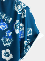 Chemise à manches courtes bleu marine boutonnée à fleurs décontractée pour hommes