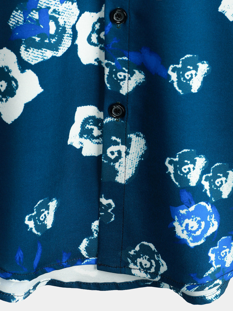 Chemise à manches courtes bleu marine boutonnée à fleurs décontractée pour hommes