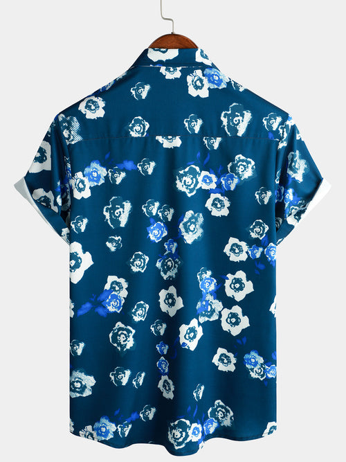 Chemise à manches courtes bleu marine boutonnée à fleurs décontractée pour hommes