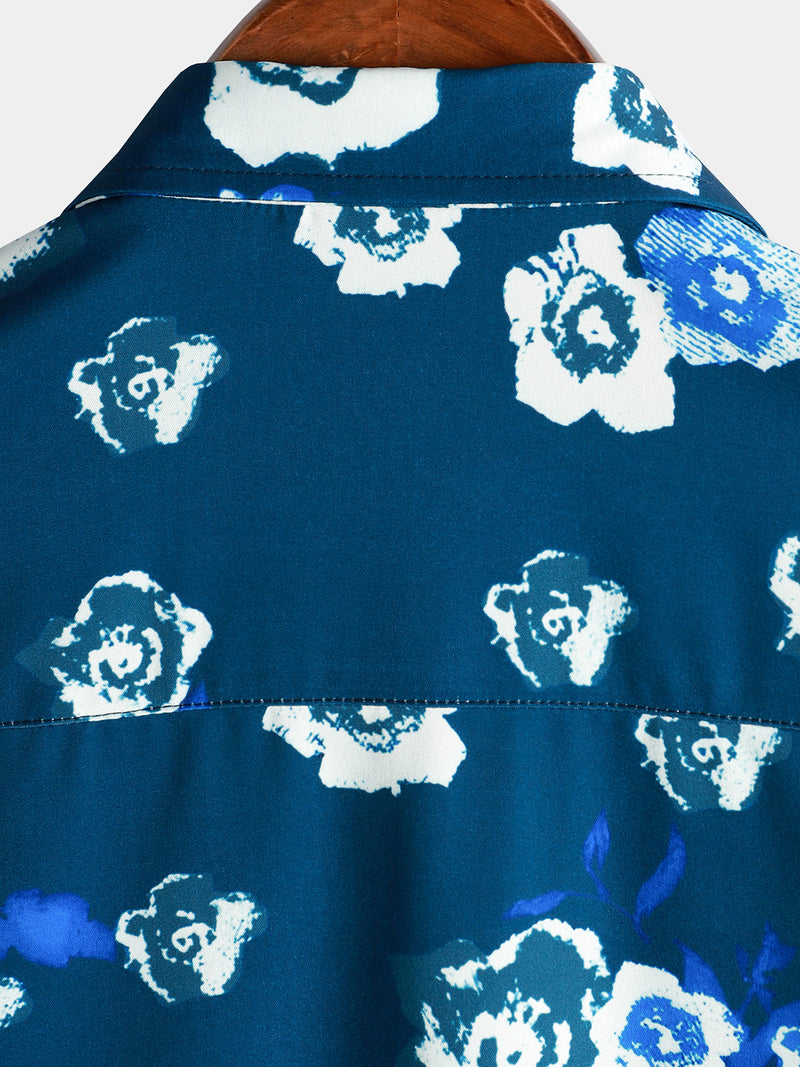 Chemise à manches courtes bleu marine boutonnée à fleurs décontractée pour hommes
