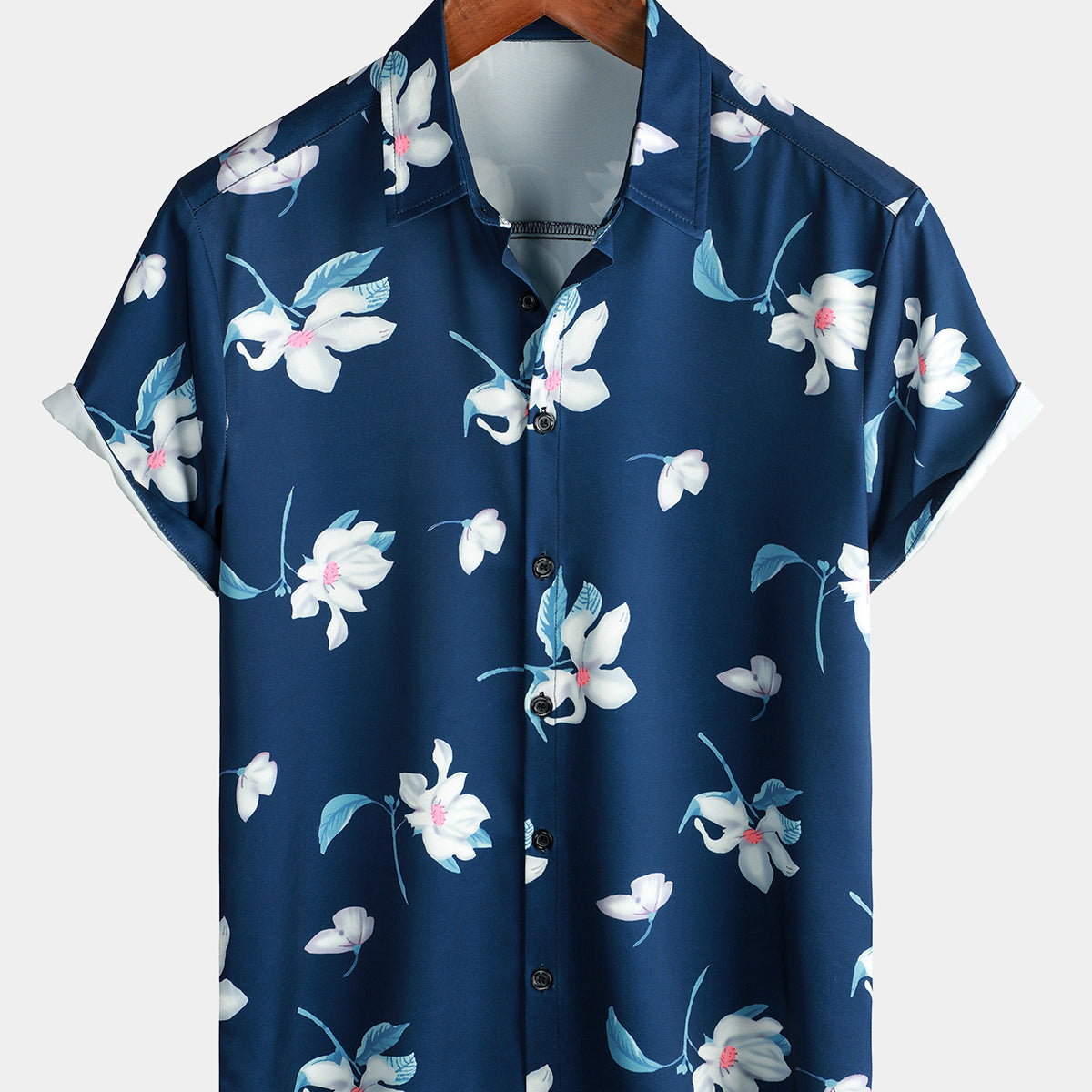 Chemise d'été décontractée à fleurs boutonnée bleu marine à manches courtes pour hommes