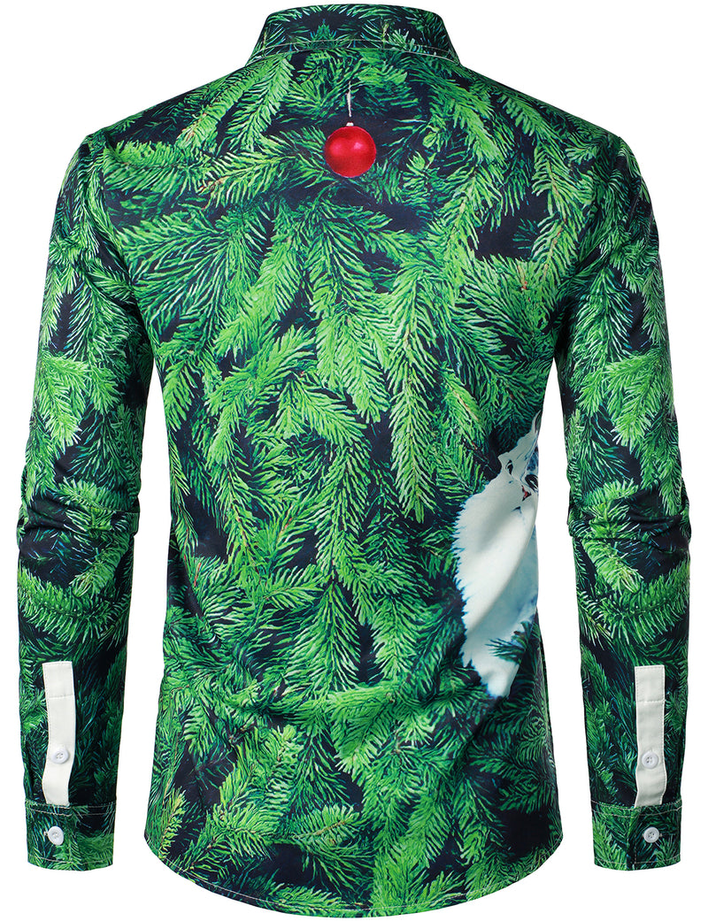 Chemise Homme Verte à Manches Longues Regular Fit Imprimé Noël