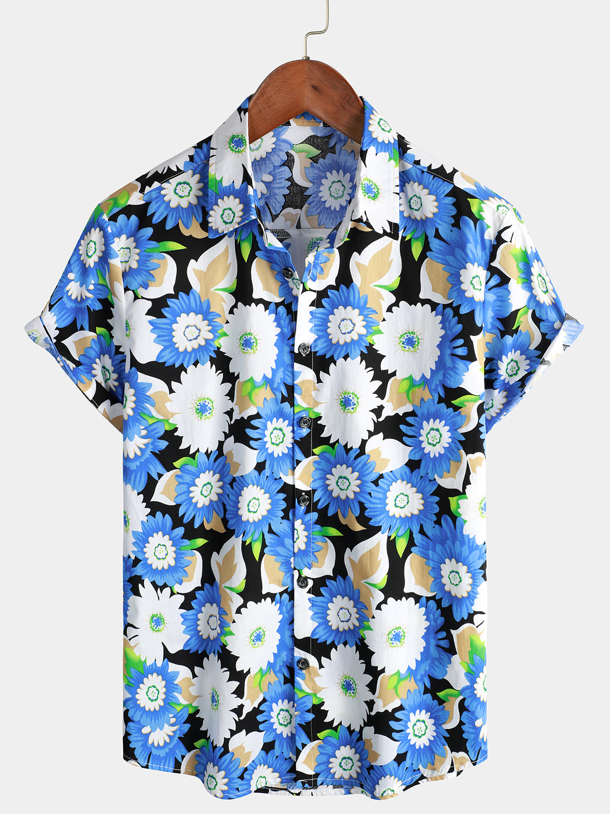 Chemise boutonnée à fleurs bleues à manches courtes en coton respirant à imprimé floral pour hommes