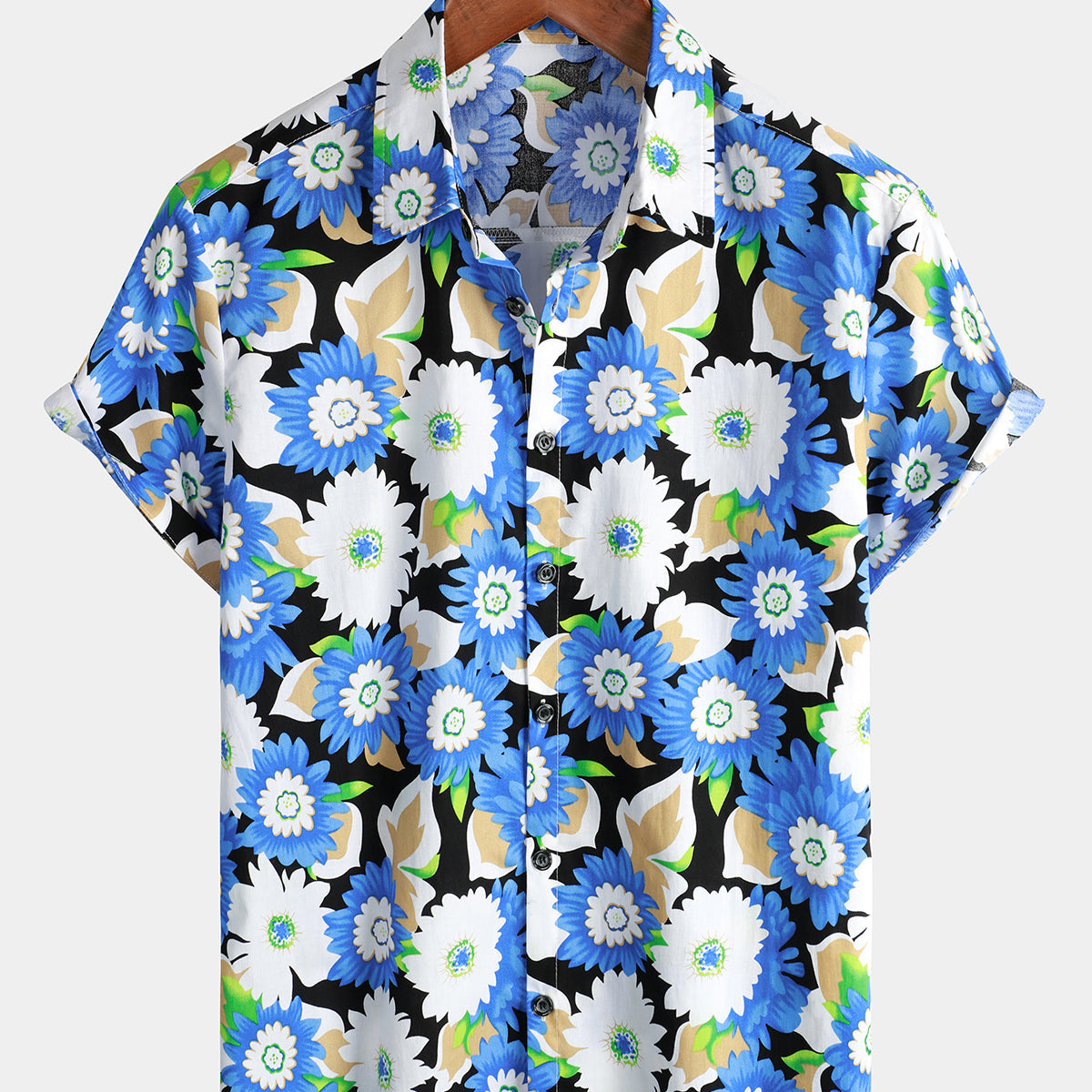 Chemise boutonnée à fleurs bleues à manches courtes en coton respirant à imprimé floral pour hommes