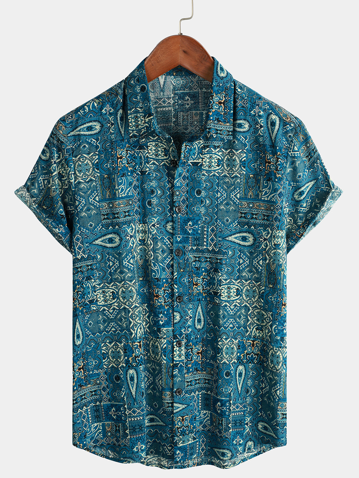Chemise boutonnée bleu rétro à manches courtes pour hommes