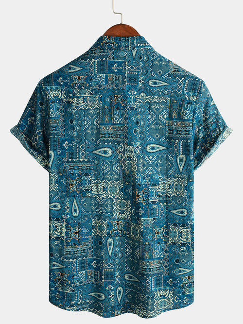 Chemise boutonnée bleu rétro à manches courtes pour hommes