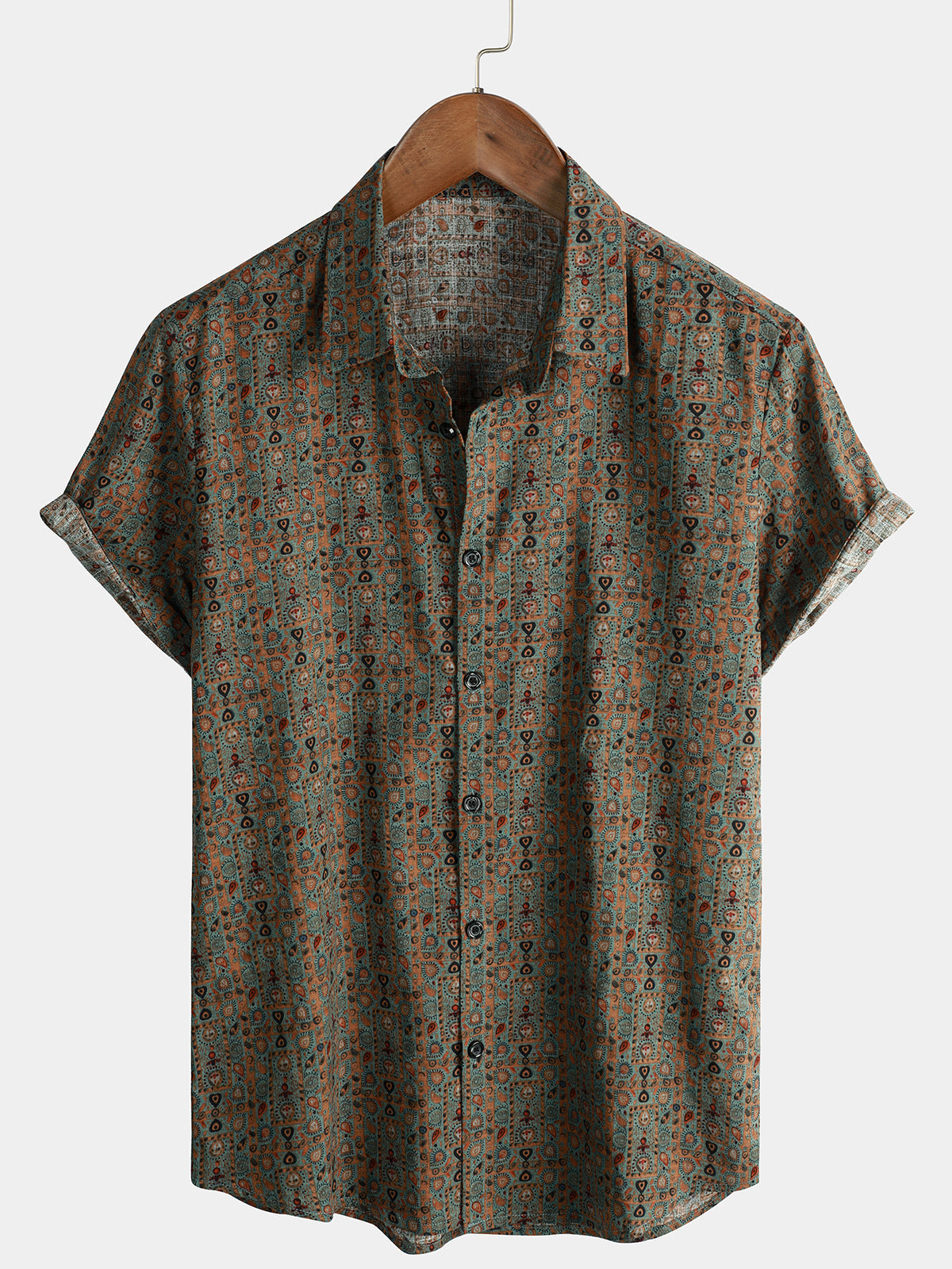 Chemise à manches courtes rétro tribale bohème marron à imprimé cachemire vintage pour homme des années 70