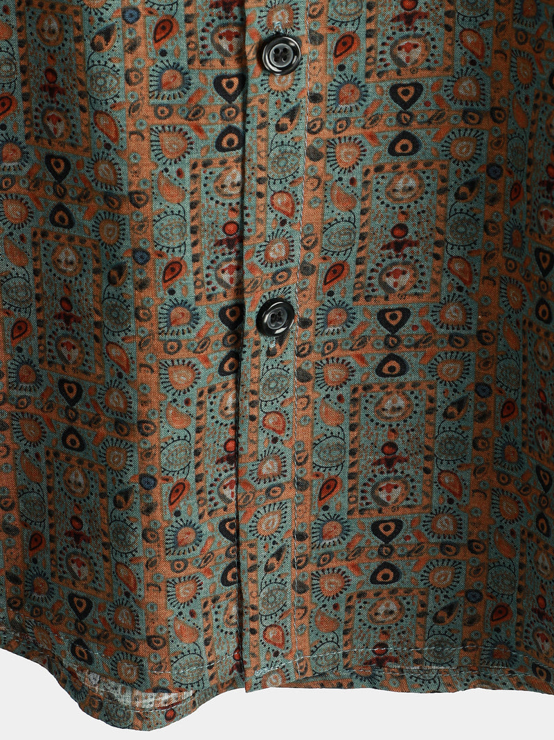 Chemise à manches courtes rétro tribale bohème marron à imprimé cachemire vintage pour homme des années 70