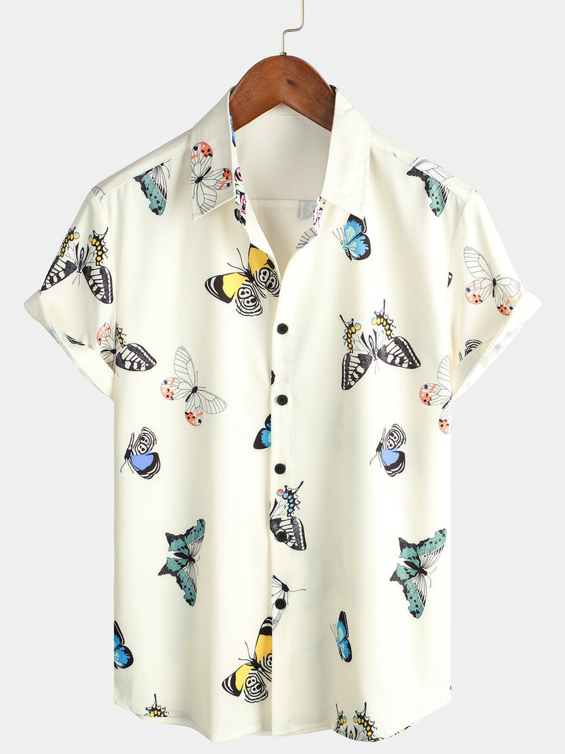 Chemise à manches courtes boutonnée à imprimé papillon pour hommes