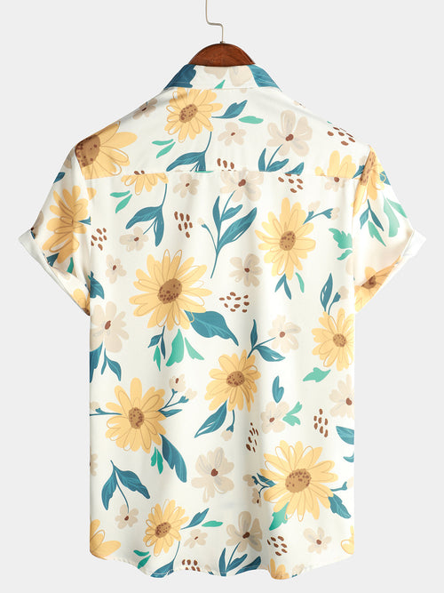 Chemise à manches courtes boutonnée décontractée à imprimé floral marguerite jaune vacances pour hommes