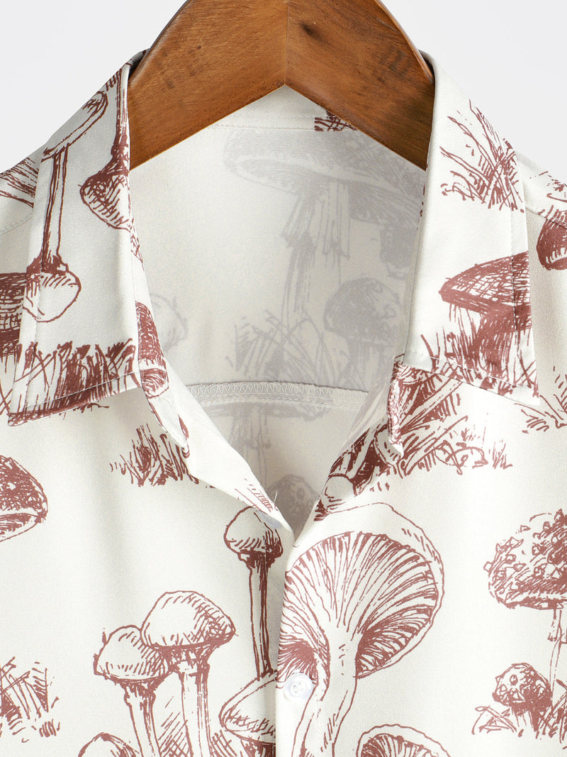 Chemise boutonnée à manches courtes beige à imprimé champignon rétro pour hommes d'été des années 70