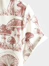 Chemise boutonnée à manches courtes beige à imprimé champignon rétro pour hommes d'été des années 70