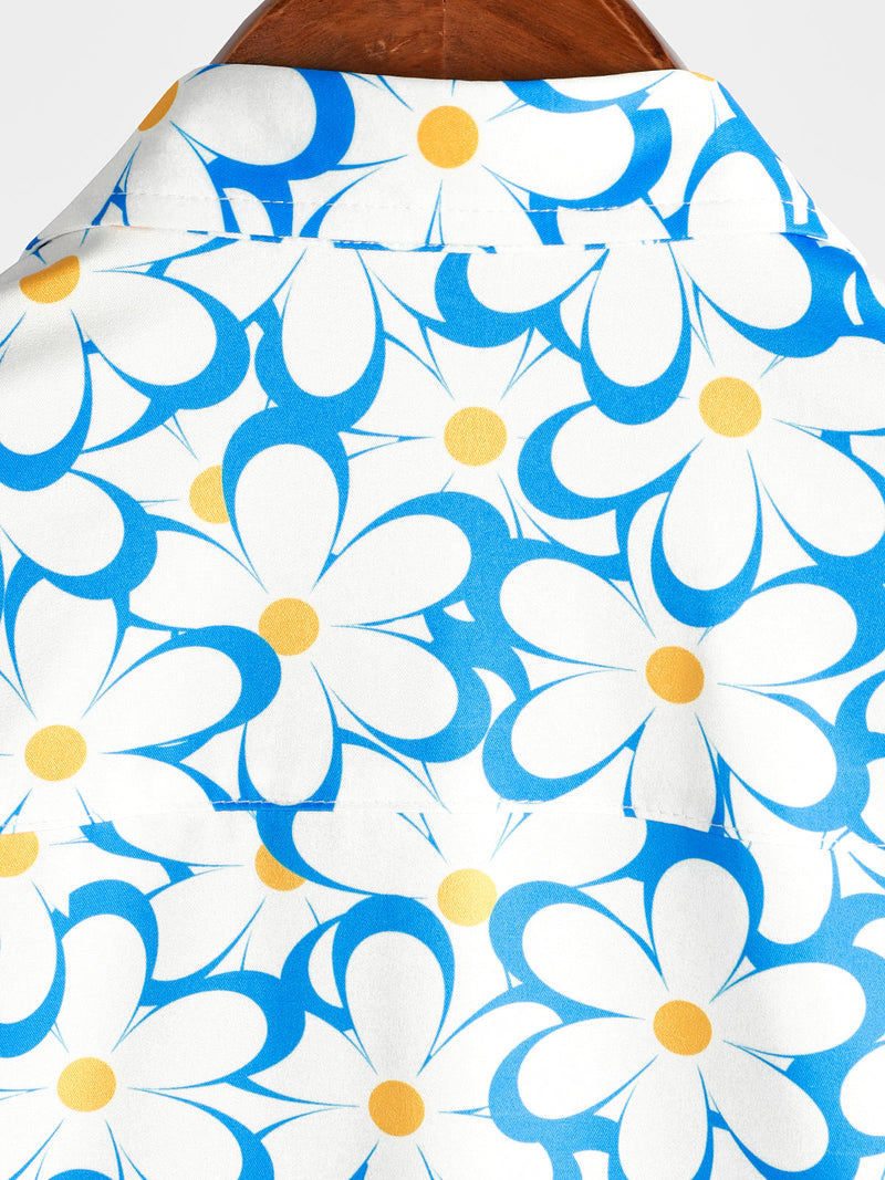 Chemise décontractée de plage de vacances d'été à manches courtes avec boutons floraux bleus pour hommes