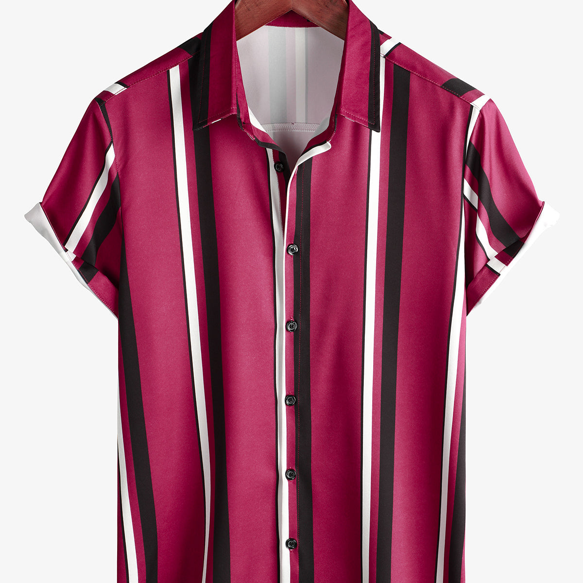 Chemise boutonnée décontractée à manches courtes à rayures verticales larges rouges pour hommes