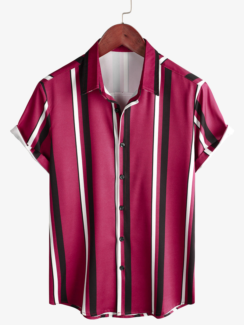 Chemise boutonnée décontractée à manches courtes à rayures verticales larges rouges pour hommes