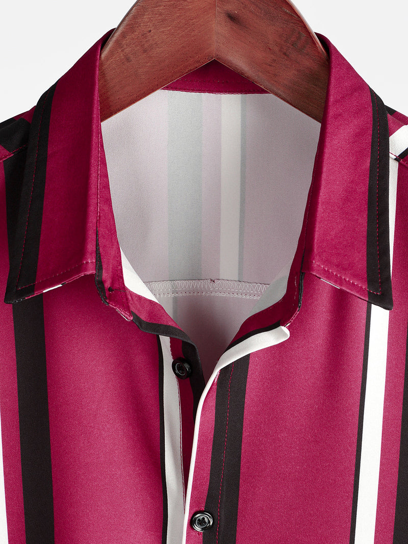 Chemise boutonnée décontractée à manches courtes à rayures verticales larges rouges pour hommes