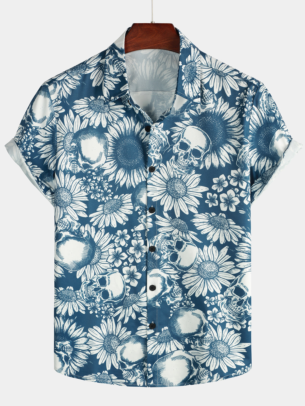 Chemise hawaïenne Rock and Roll bleue à manches courtes pour homme avec tête de mort et tournesol