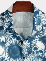Chemise hawaïenne Rock and Roll bleue à manches courtes pour homme avec tête de mort et tournesol