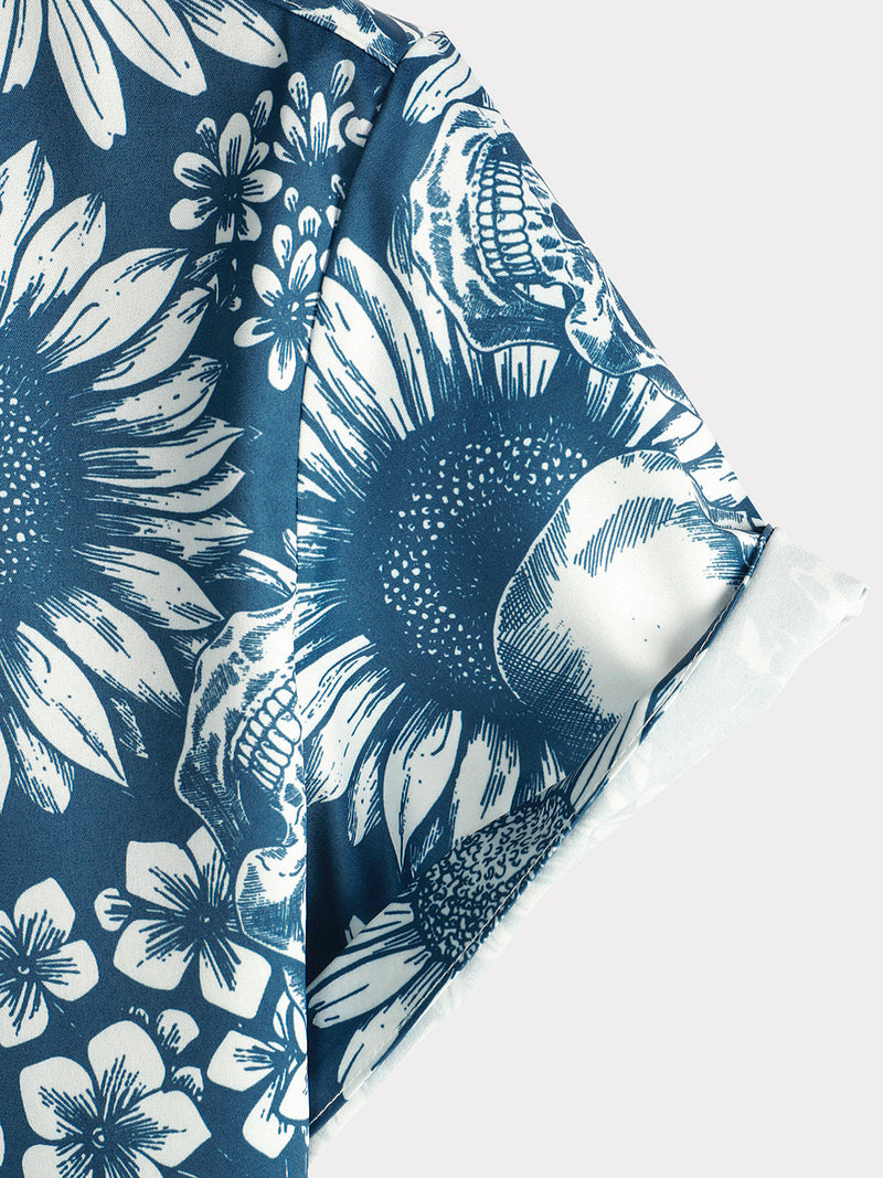 Chemise hawaïenne Rock and Roll bleue à manches courtes pour homme avec tête de mort et tournesol
